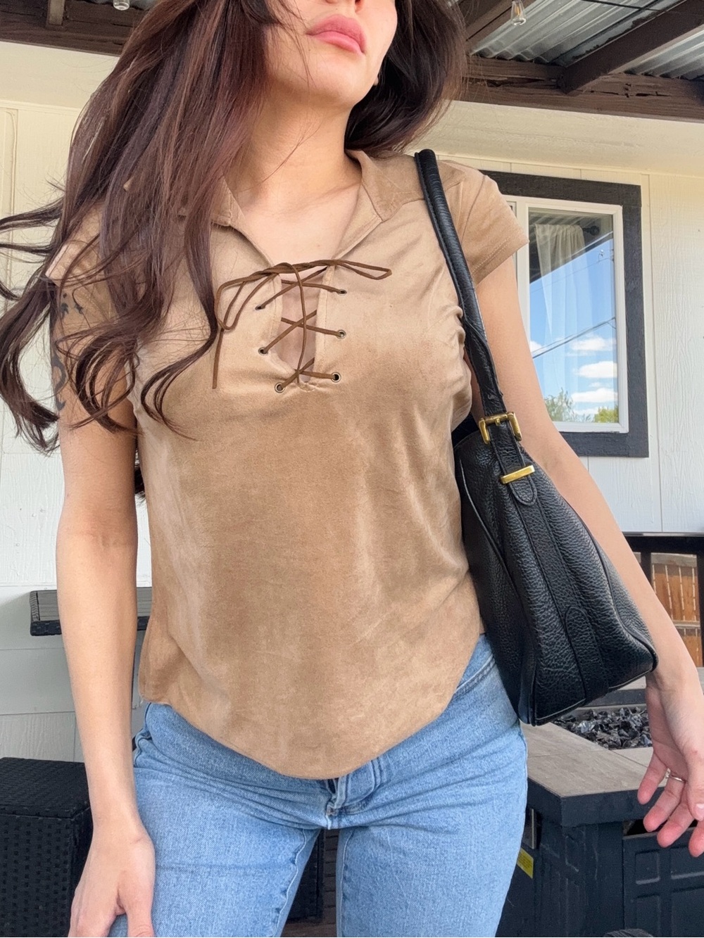 Rampage Lace-Up Suede-Look Crop Top in Brown